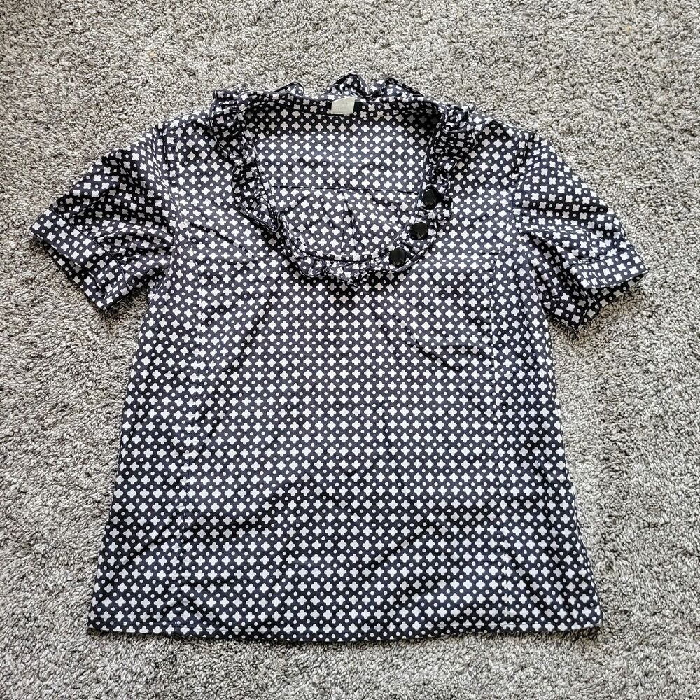 J Crew Shirt Womens 2 Ruffle Short Sleeve Blouse Round Neck Ladies Black White
